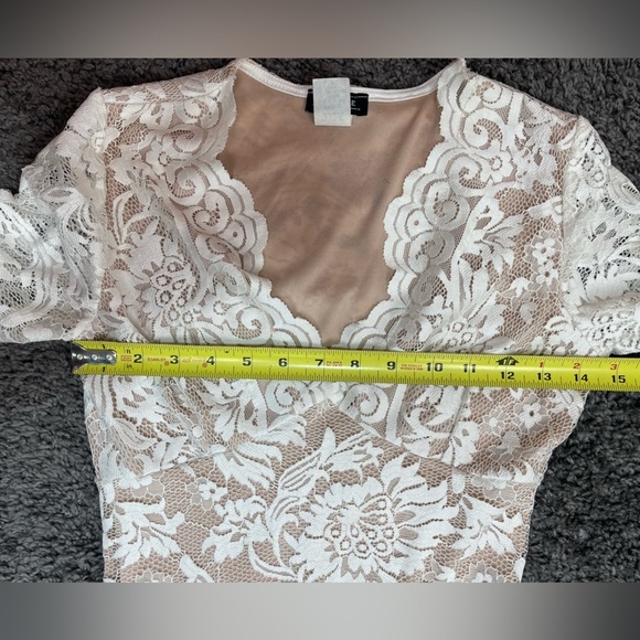 Kimcine off white nude lined 3/4 sleeve V-neck fitted stretch dress women’s S - Picture 14 of 17